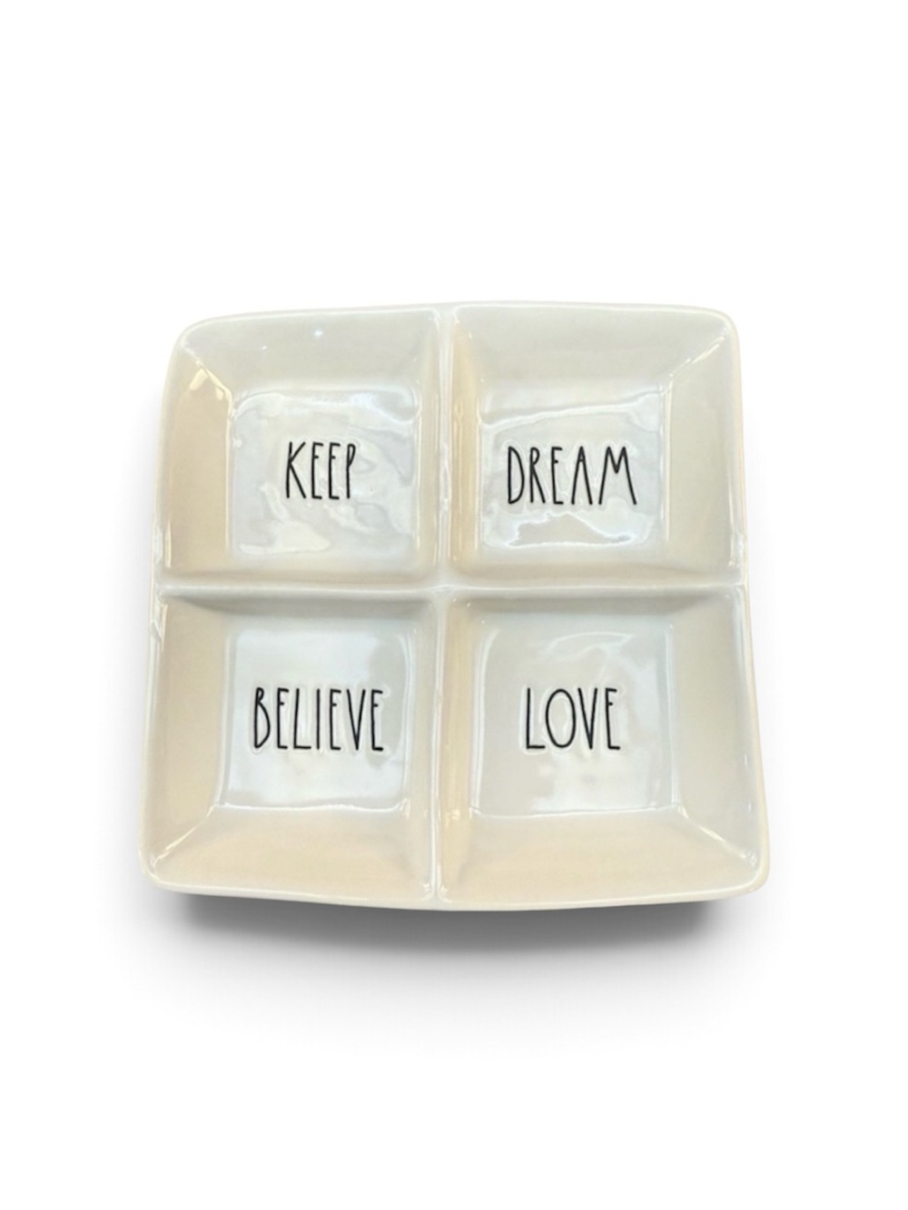 Rae Dunn Divided Trinket Tray KEEP DREAM BELIEVE LOVE Ceramic Jewelry Dish